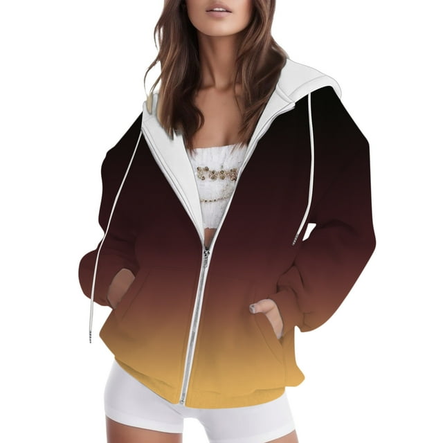 Y2K Hoodie Gradient Print Zip Up Drawstring Hoodie with Front Pocket Fall Simple Casual Hooded Sweatshirt Oversize Crewneck Sweatshirt Women Yellow XL