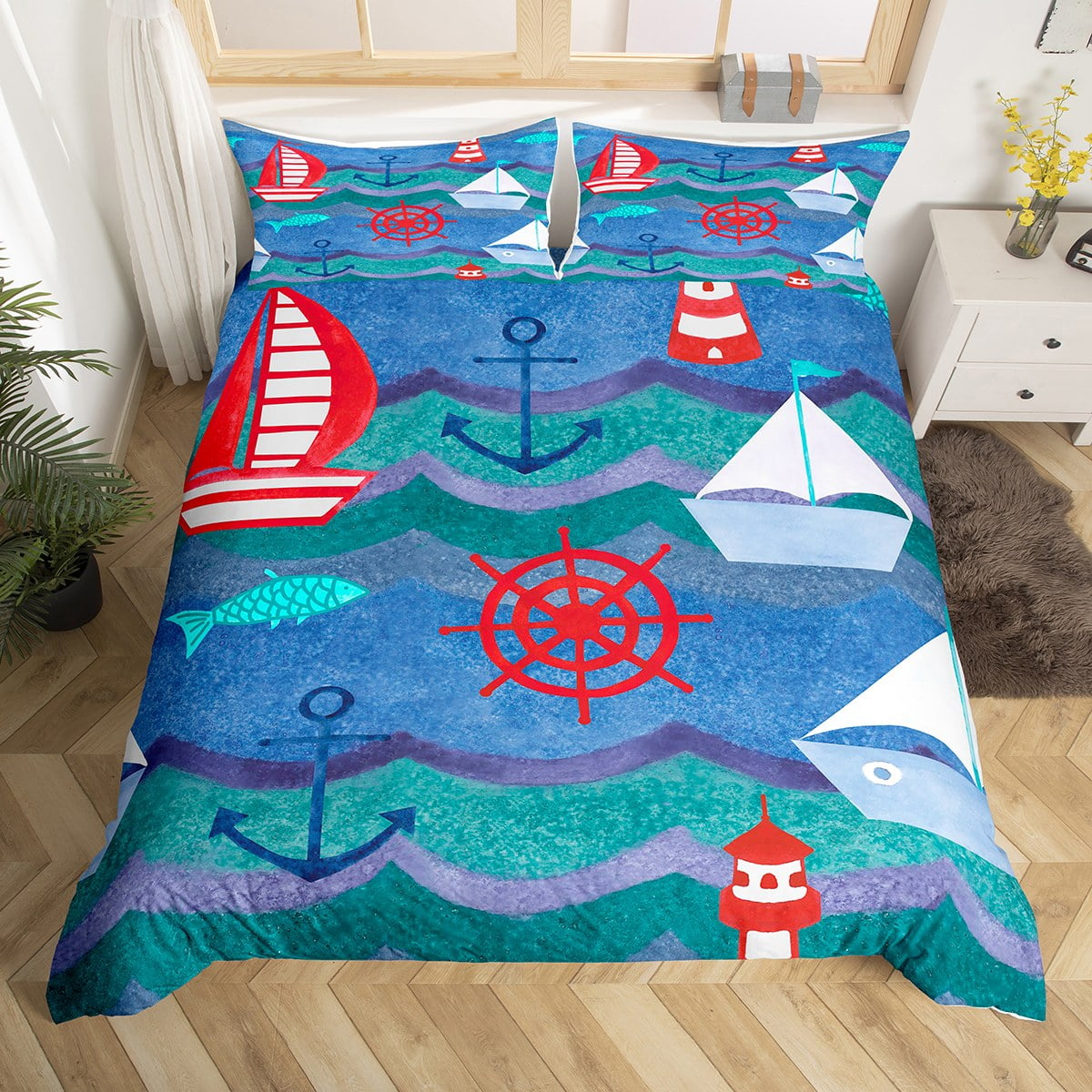Nautical Bedding Set King, Cartoon Sailboat Anchor Duvet Cover, Red Compass Lighthouse Pattern