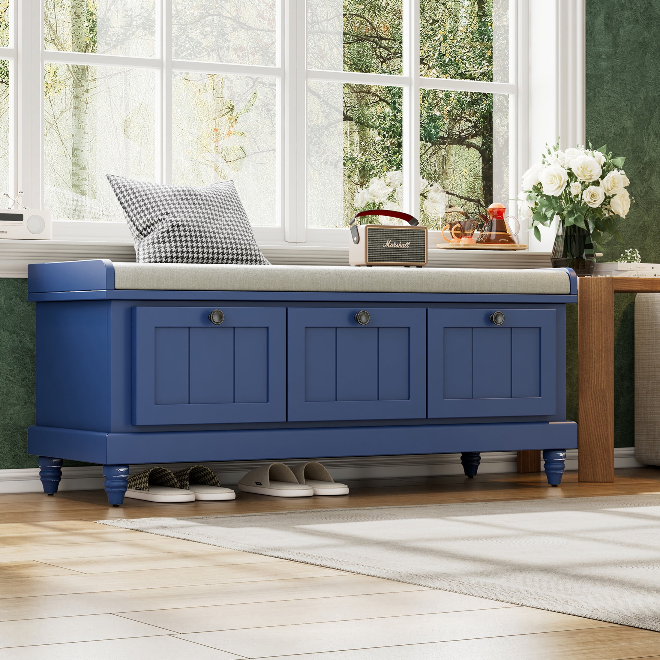 Aukfa Upholstered Storage Bench with 3 Drawers, Flip-Open Storage Box for Entryway, Hallway, Mudroom, Navy