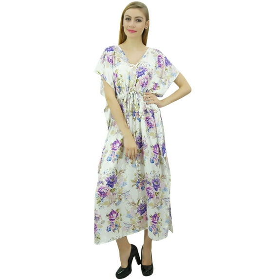 Bimba Women's Long Maxi Kaftan Drawstring White Floral Getting Ready Gown - 24