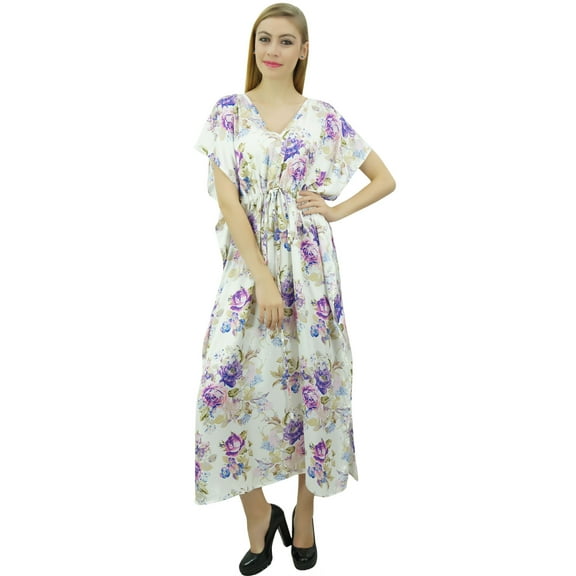 Bimba Women's Long Maxi Kaftan Drawstring White Floral Getting Ready Gown - 22