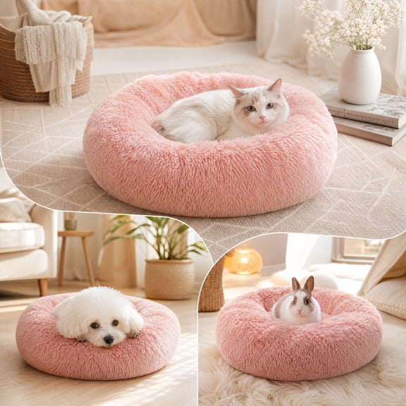 Linnome Deep Sleep Round Fleece Pet Bed 38cm Diameter for Small Pets,All Seasons Warm Long Plush Cloud Dog Cat Bed with Non-Slip Bottom,Cozy Raised Rim Pet Nest for Cats Small Dogs Bunnys