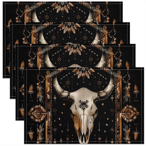 Western Bull Skull Placemats Set of 4, 18"x12" Boho Aztec Cow Table Mats, Black Exotic Ethnic Tribal Place Mat for Kitchen Dining Table Party Decor Indoor Outdoor Easy to Clean,Non-Slip
