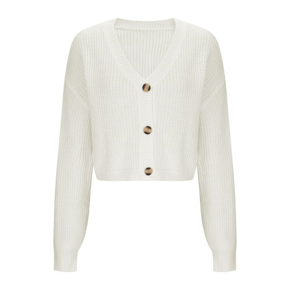 EchfiProm V Neck Crop Sweaters Women Christmas White Button down Knit Solid Cardigan Long Sleeve Outfits Sweater