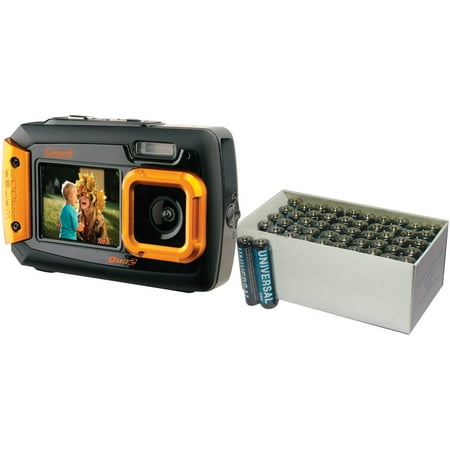 Coleman Orange Duo2 Dual-Screen Waterproof Digital Camera with 20 Megapixels and UPG 50-Pack AAA Batteries