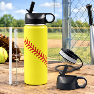 Softball Water Bottle Insulated Travel Tumbler with Straw 18 oz