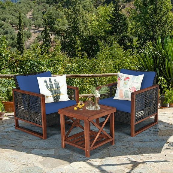 Gymax 3PCS Rattan Wicker Patio Conversation Set Outdoor Furniture Set w/ Navy Cushion