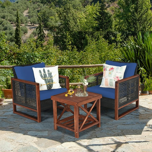 Gymax Ensemble de Conversation de Patio en Rotin Osier 3 Pcs Ensemble de Meubles d'Extérieur avec Coussin Bleu Marine