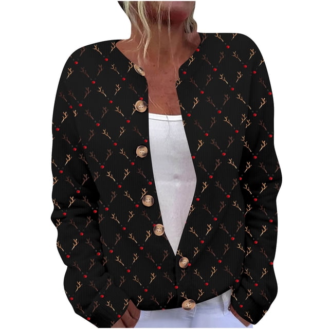 Birdeem Cardigan de Noël pour Femmes, Manches Longues Imprimé Ajouré, Veste Décontractée