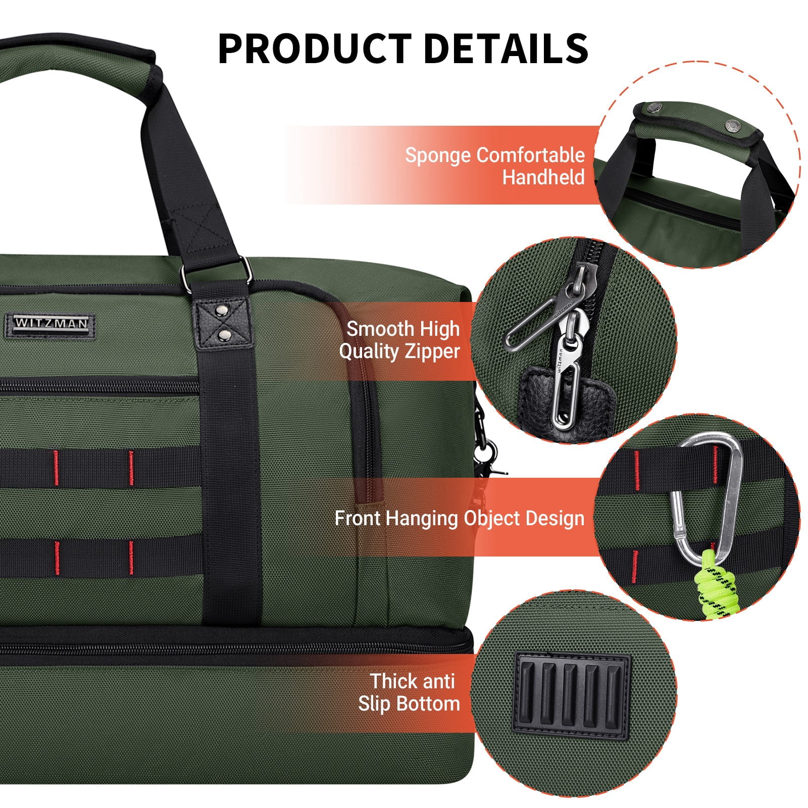 WITZMAN Travel Duffle Bags for Men Weekender Bags with Toiletry Bag Sets Carry on Overnight Bag 55L（B696 Army Green）