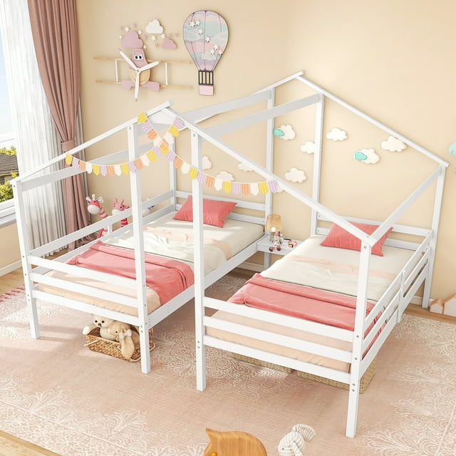 Gymax Cadres de Lit Double Simple pour Enfants avec Table Intégrée et Port USB, Garde-Corps