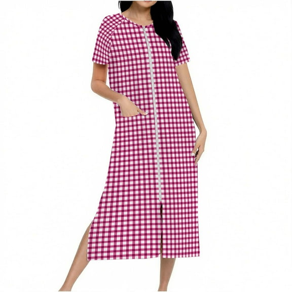 Women Robes Zipper Front Short Sleeve Full Length Housecoat with Pockets Loungewear Plaid Side Slit Nightgowns