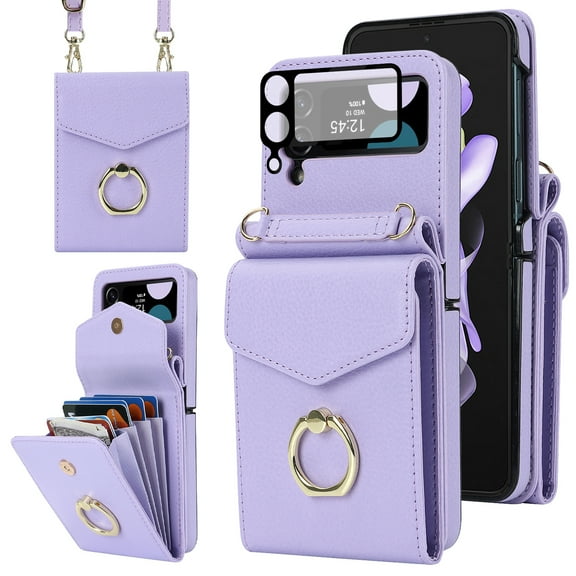 Allytech Galaxy Z Flip 4 Case 1 Pcs Camera Lens Screen Protector, Multiple Cards Holder Ring Stand Crossbody Shoulder Strap Wallet Case Cover for Samsung Galaxy Z Flip 4 5G - Purple