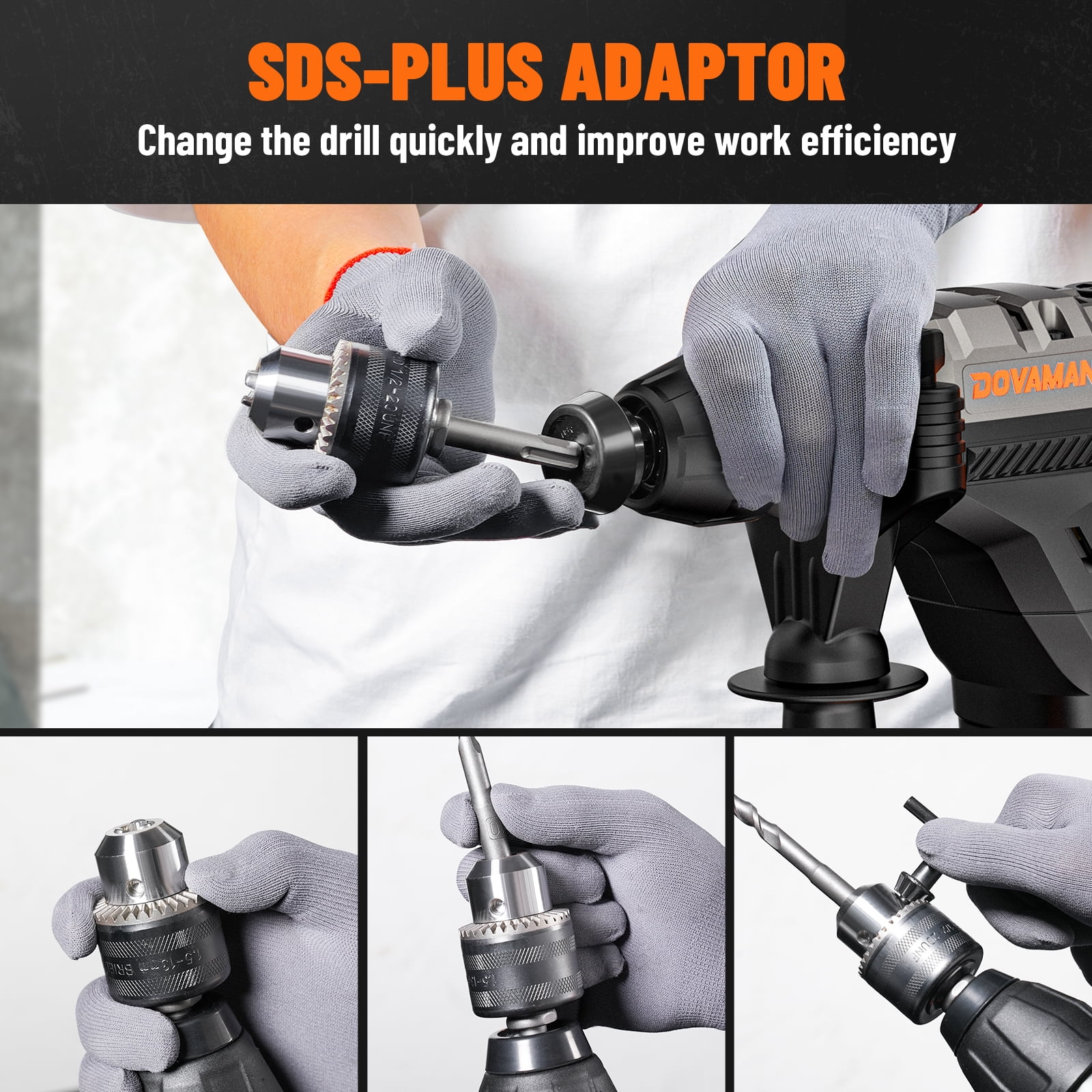 DOVAMAN 12.5 Amp 1-9/16" SDS-Plus Rotary Hammer Drill – 4 Modes, Safety Clutch, Vibration Control, Corded Demolition Hammer with Drill Bits & Chisels
