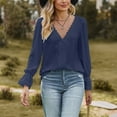 thumbnail image 4 of tklpehg Womens Fall Tops V-Neck Lace Elegant Shirts Long Sleeve Tops Womens Clothes Leisure Fall Clothes Solid Color Comfortable Going Out Tops Pullover Navy S, 4 of 6