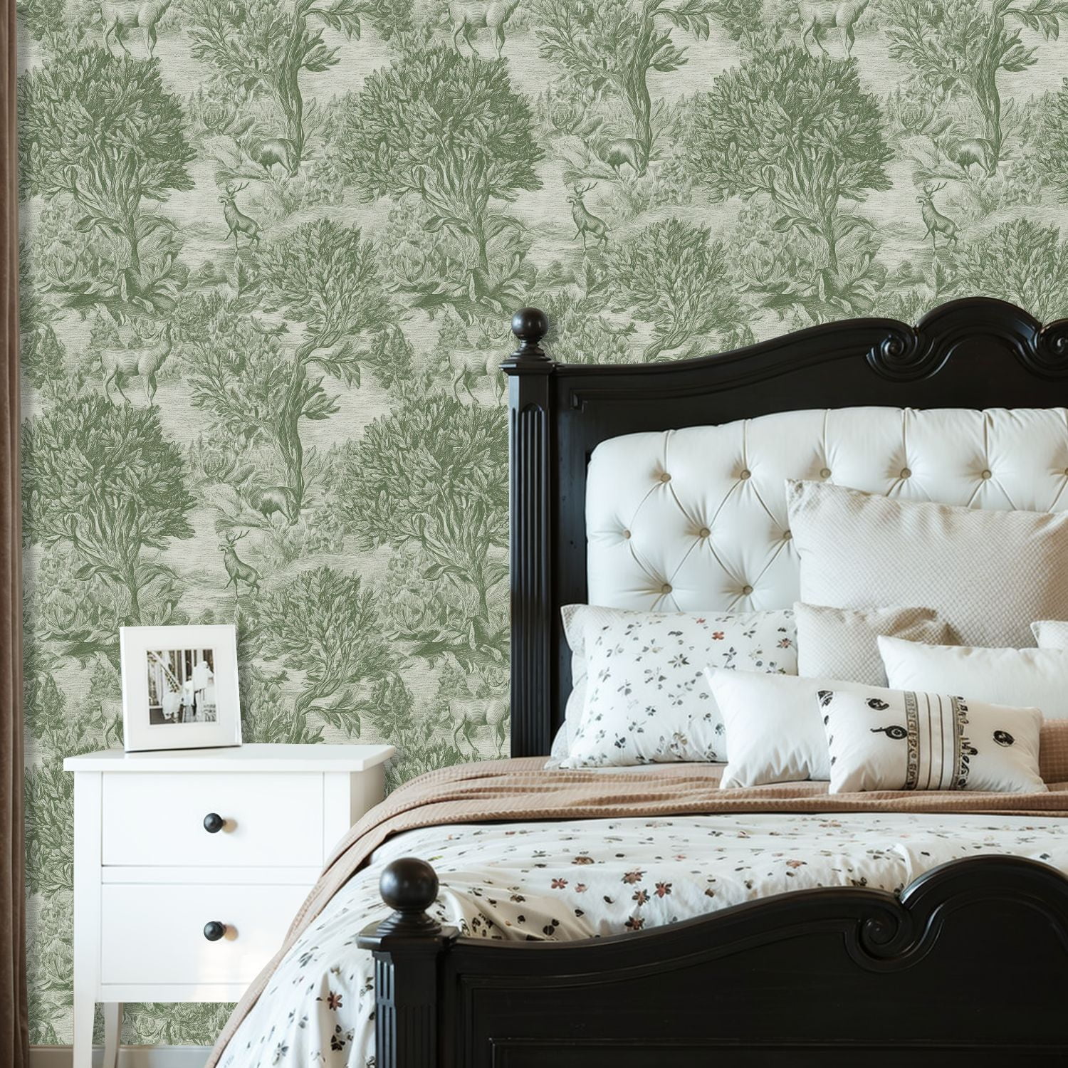 Hunt Peel and Stick Wallpaper 23.6in x 9.8ft Vintage Green Forest Deer Botanical Elements Contact Paper Vinyl Waterproof Self Adhesive Wall Paper for Bedroom Shelf Cabinet Renter Friendly
