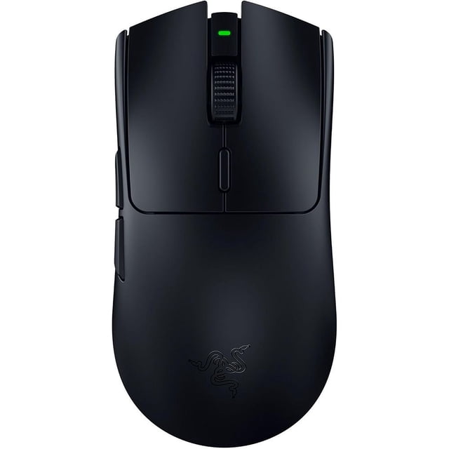 ratón inalámbrico ultraligero razer viper v3 pro negro Vista frontal centrada de mouse gaming negro mate con silueta simétrica y cuerpo ultraligero; rueda de desplazamiento texturizada con LED verde, botón pequeño bajo la rueda, dos botones laterales izquierdos y logo Razer en la palma; ideal para juego competitivo y uso en torneos.