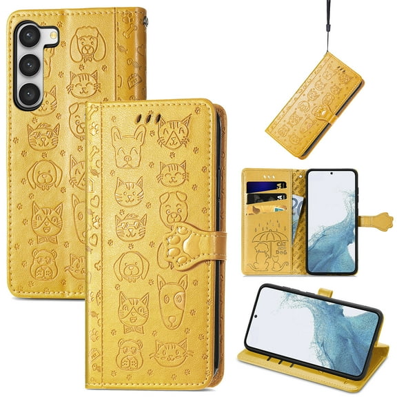 for Samsung Galaxy S22 Plus Case Wallet,Magnetic Closure PU Leather Cute Embossed with Wrist Strap, RFID Blocking Card Slots Pocket Flip Kickstand Protective Phone Case Cover,Yellow