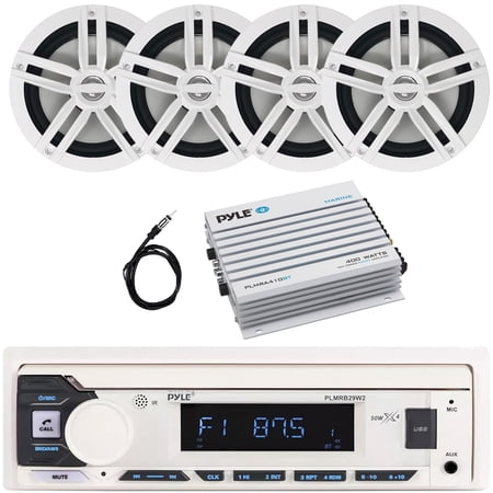 Pyle PLMRB29W2 Single DIN Marine Bluetooth USB/AUX MP3 Player AM/FM Radio In-Dash Stereo White Receiver 4x 6.5 180W Max Power 2-Way Boat Audio White Speakers 4 Channel Bluetooth Amplifier Antenna