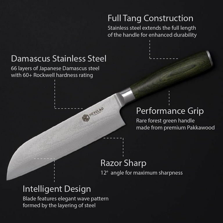 HexClad Santoku Knife, 7-Inch Japanese Damascus Stainless Steel Blade, Full  Tang Construction, Pakkawood Handle