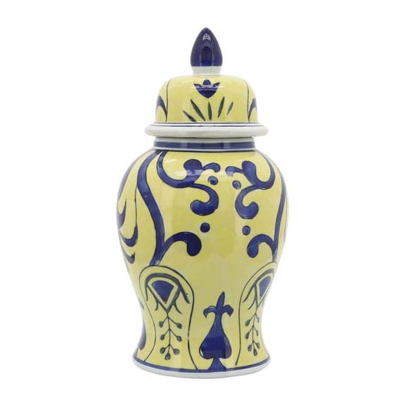 Sagebrook Home Ceramic 14" Temple Jar, Yellow/Blue