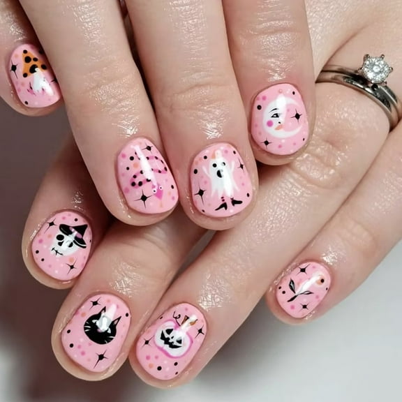 24Pcs Pink Press on Nails Short Square Fake Nails with Cute Ghost Designs, Halloween Press on Nails Coffin Halloween Acrylic Nails Full Cover False Nails Halloween Stick on Nails for Women
