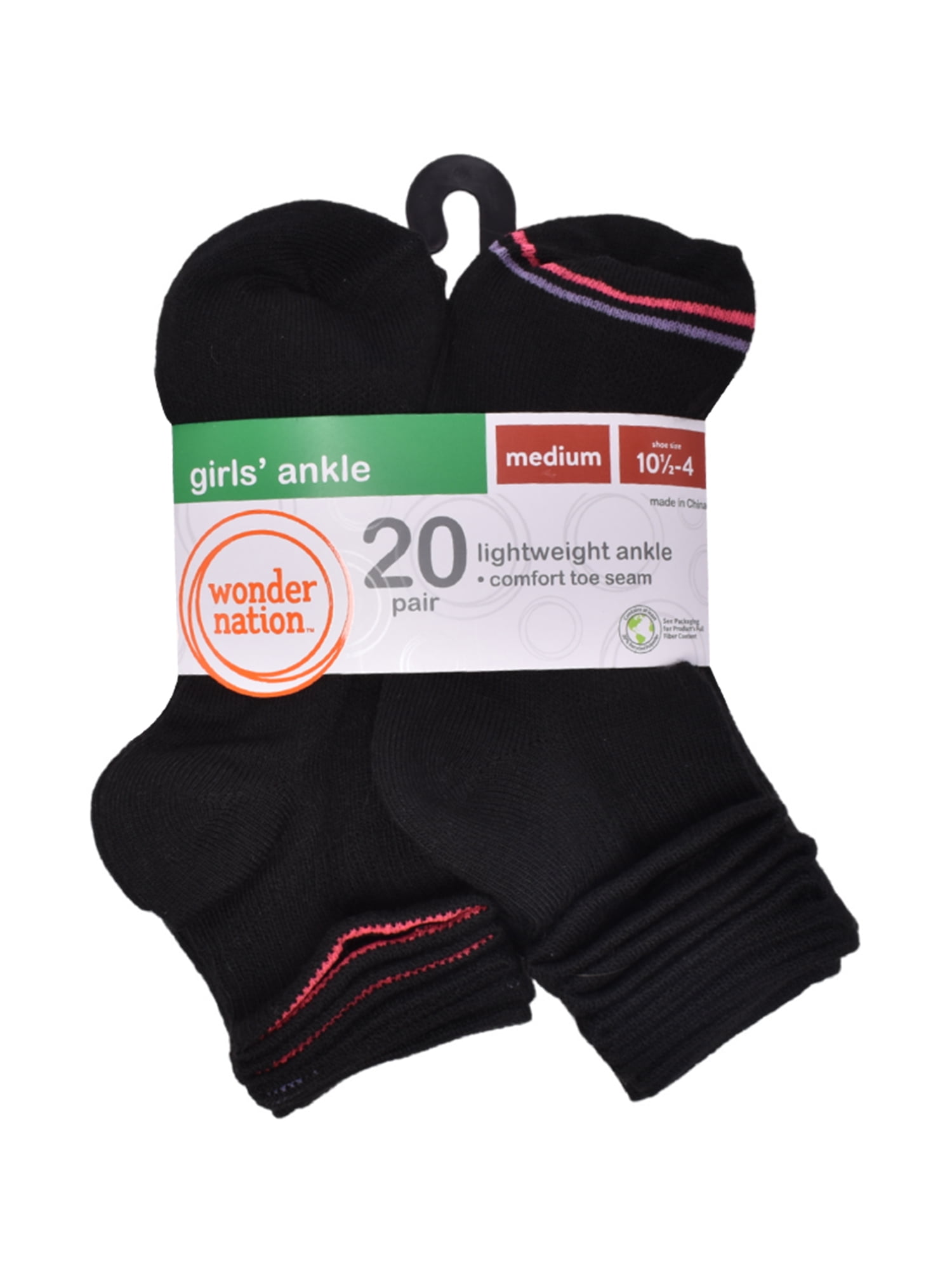Wonder Nation Girls Ankle Sock, 20 Pack, Sizes S-L