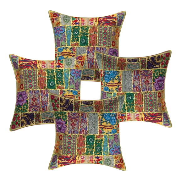 Stylo Culture Indian Cotton Home Decor Throw Pillow Sham Covers Lemon Yellow 18x18 Bohemian Vintage Patchwork Indian Couch Cushion Covers 45 x 45 cm Living Room Abstract Square Pillowcases | Set Of 4