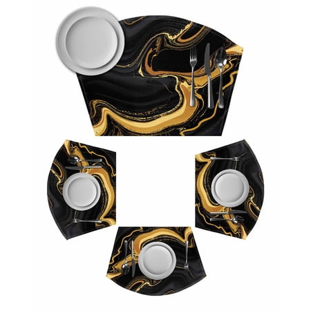 Marble Black Round Placemats Set of 4, Vintage Gold Art Abstract Farmhouse Placemats for Round Dining Table Shape Wedge Placemats for Outdoor Indoor Wipeable Clean Table Place Mats
