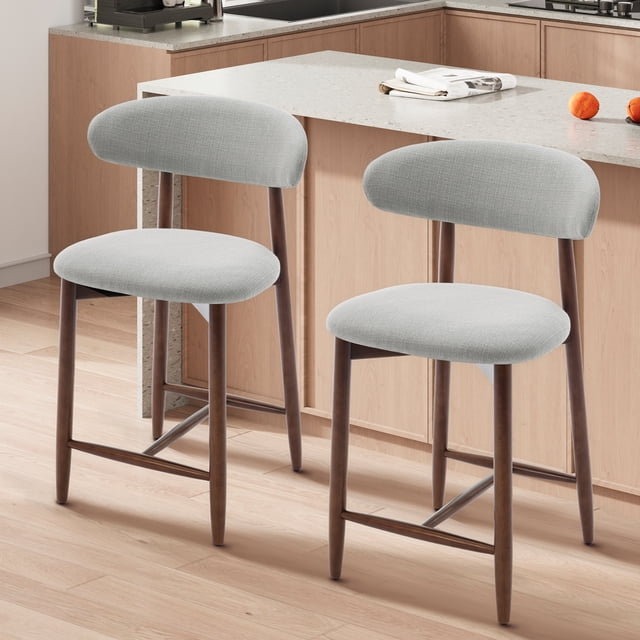 MALOL Counter Height Bar Stool Set of 2, Mid Century Modern Upholstered Bar Stool with Curved Back and Wooden Frame, for Kitchen, Cafe, or Home,Light Grey