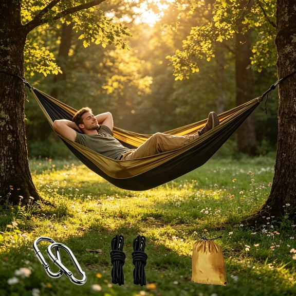 Japceit Portable Camping Hammock, Foldable Single Double Nylon Bed, Heavy Duty Outdoor Swing for Travel Backyard Beach with Straps