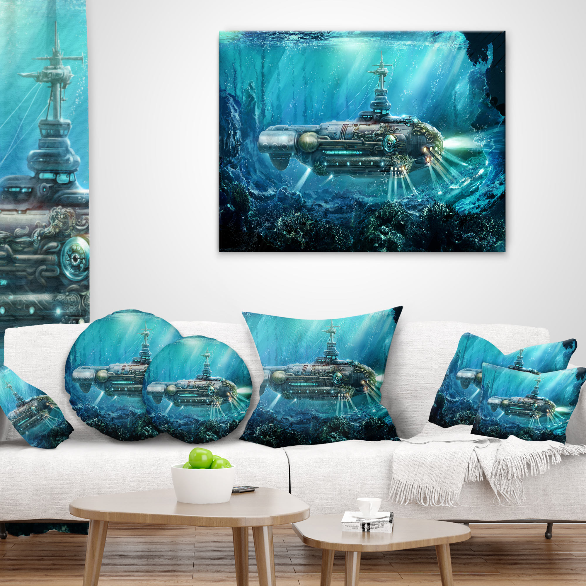 Designart Fantastic Submarine - Abstract Throw Pillow - 12x20
