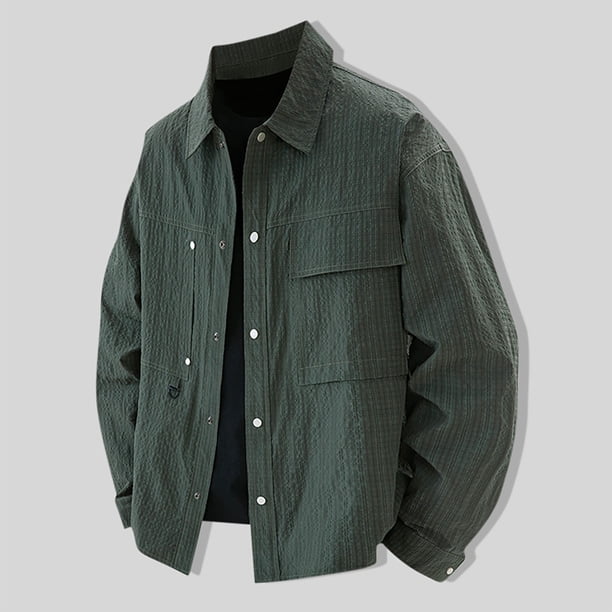 Blusa y camisa de manga larga con cuello vuelto para hombre, moda masculina, fina, color liso, manga larga, cuello, botón, bolsillo, abrigo grande, poliéster, parte superior