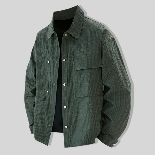 Blusa y camisa de manga larga con cuello vuelto para hombre, moda masculina, fina, color liso, manga larga, cuello, botón, bolsillo, abrigo grande, poliéster, parte superior