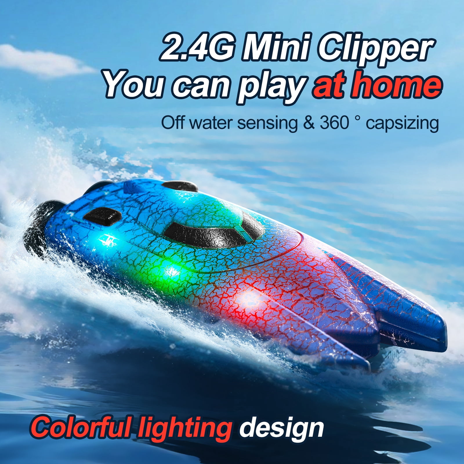 LED Light RC Boat Remote Control Pool Water Toys for Kids Ages 8-12 Adults Lakes Bathtub Toy with Whole Body Waterproof,Low Battery Alarm,2.4Ghz,Control Range 50M,Rechargeable Battery