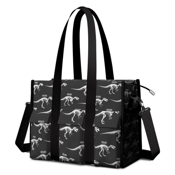 Teacher Tote Bag,Skeleton Dinosaurs Labels Teacher Utility Tote Bag,Large Work Tote Bags for Women with Multiple Pockets,Top Zipper Closure,13.8x10.6x6.7 Inch