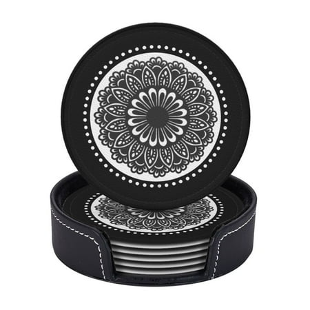 

Lace Pattern Mandala Coasters With Leather Holder Set Of 6 Round Coasters for Home and Kitchen Decor