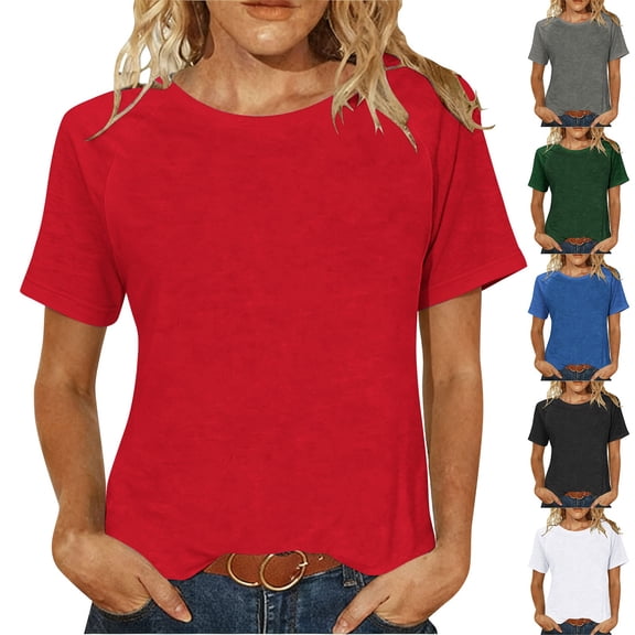 Crunowin T-Shirts for Women, Casual Daily Short Sleeve Round Neck Tee Tops Red M