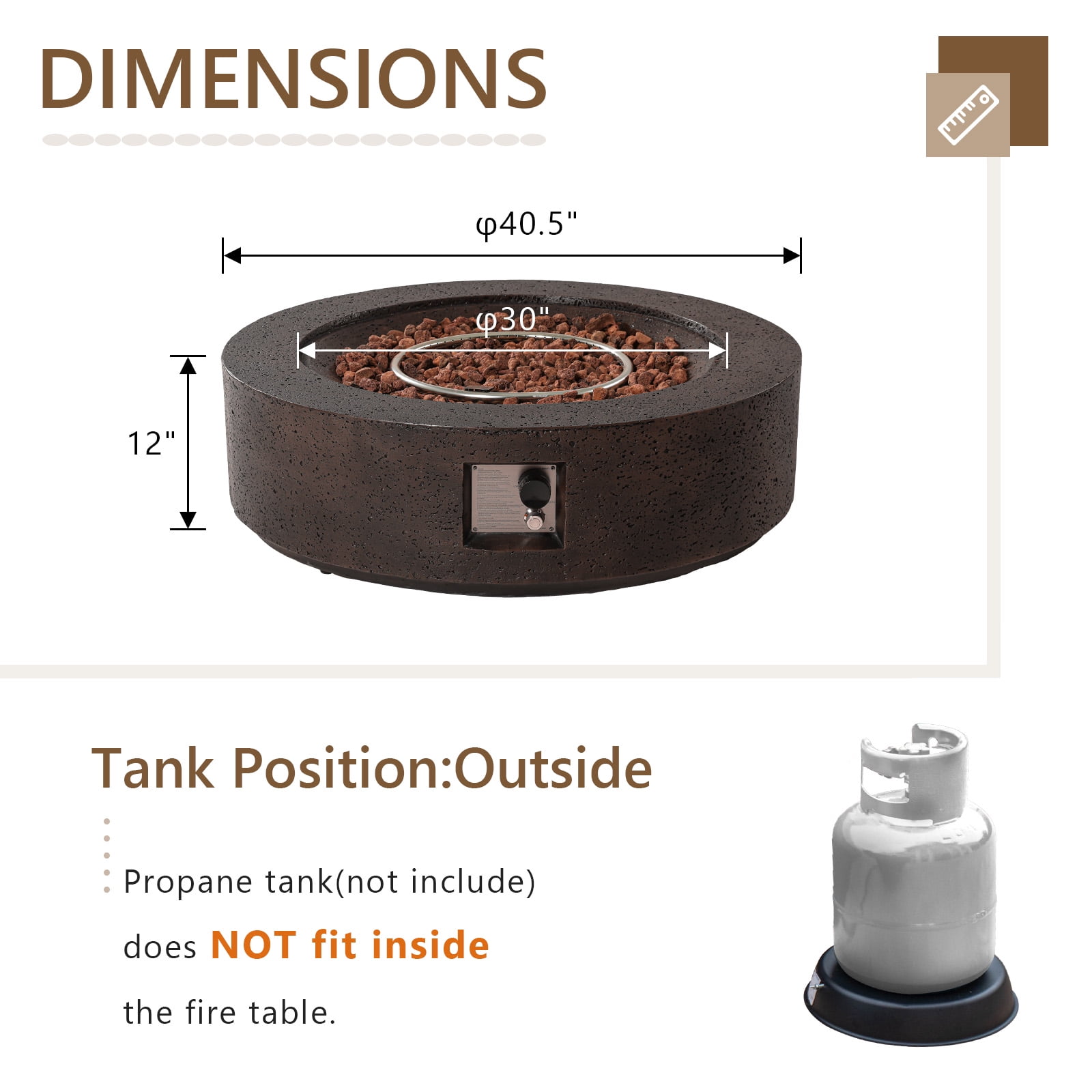 VENTOPYR 40.5-inch Outdoor Propane Fire Pit Coffee Table  Concrete Round Base Patio Heater, 50,000 BTU Stainless Steel Burner, Free Lava Rocks, Rain Cover