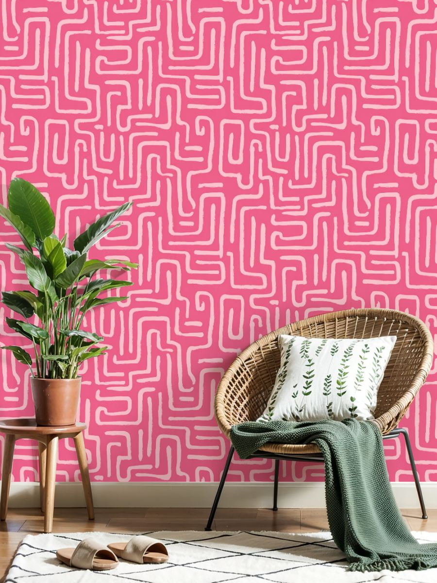 Peel and Stick Wallpaper Abstract Pink Curved Lines Wall Mural 17.7in x 9.8ft Self Adhesive Removable Wall Paper Renter Friendly Wallpaper for Nursery Bedroom Cabinets