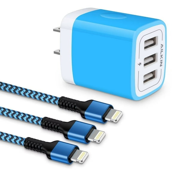 AILKIN Compatible with iPhone Charger Fast Charging 3Pack Usb A Light-ning Cables 6ft Cords 3.1A Three Port Charger Blocks Compatible with iPhone 14/13/12/11,Blue