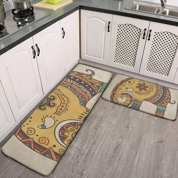 Kitchen Rugs and Mats Set 2 Piece Indian Tribal Mandala Elephant Vintage Kitchen Floor Runner Mats Cushioned Anti Fatigue Door Mat Pad for Indoor Home Office Standing Desk Rug