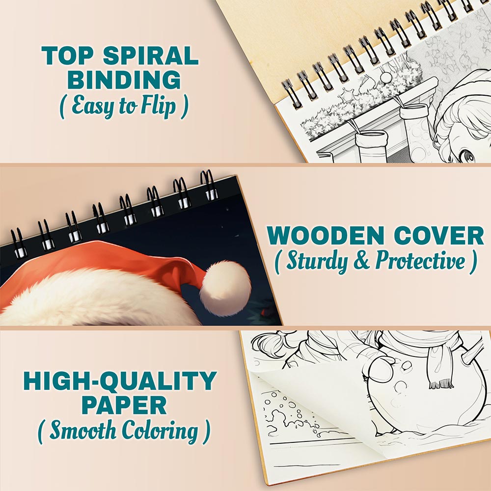 Netecom Chibi Girls Christmas Coloring Book Spiral Bound for Adults, A5 Wooden Cover, 30 Beautiful Coloring Pages of Kawaii Girls in Holiday Season for Stress Relief and Relaxation