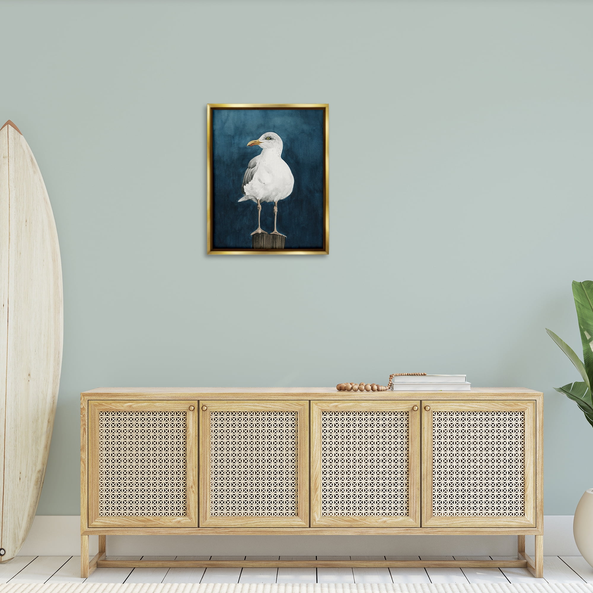 Stupell Industries Perched Coastal Bird Animals Painting Gold Floater Framed Canvas Art Print Wall Art, 25 x 31