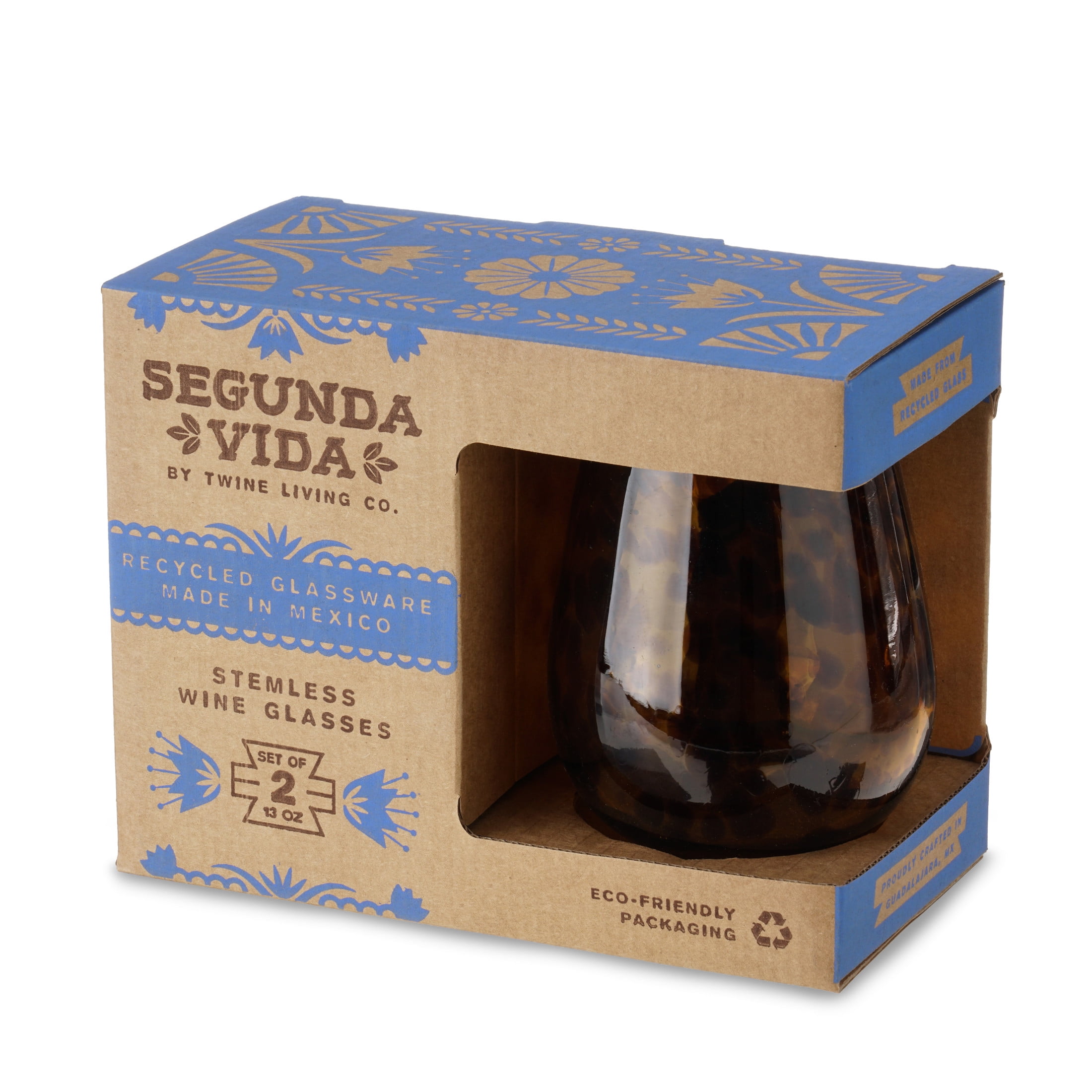 Segunda Vida Tortuga Stemless Wine Glasses, Made in Mexico, 13oz Set of 2