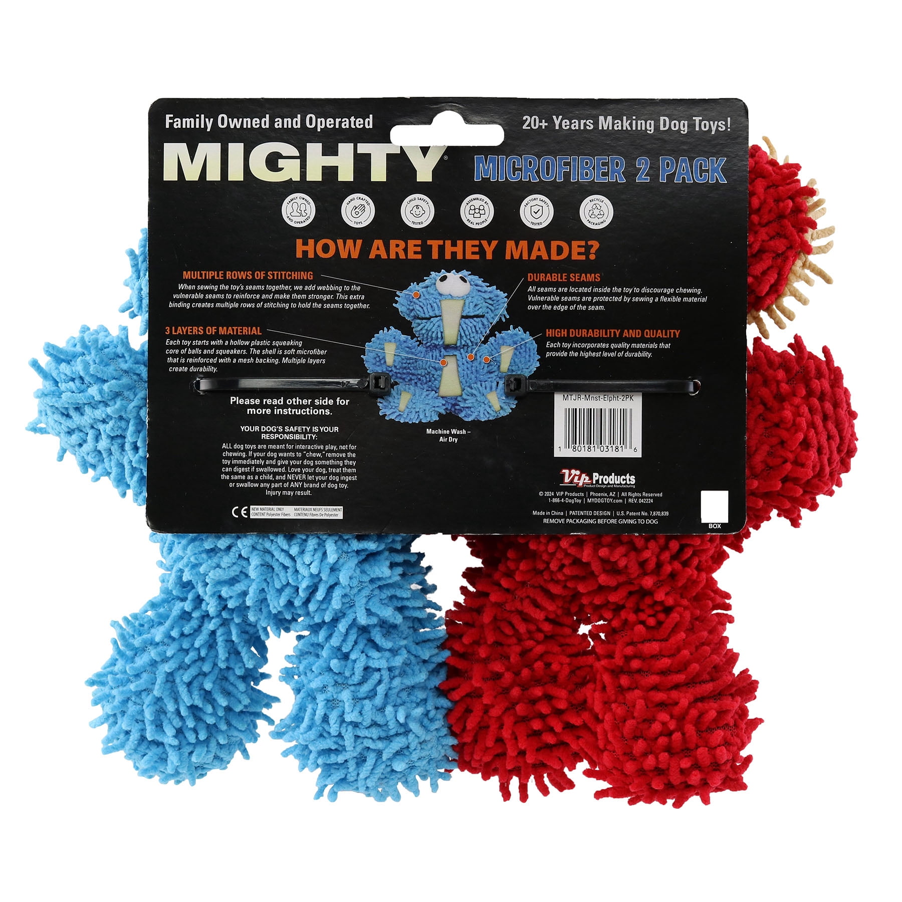 Mighty Jr Microfiber Ball Monster and Elephant Durable Plush Squeaky Dog Toy, 2 Pack