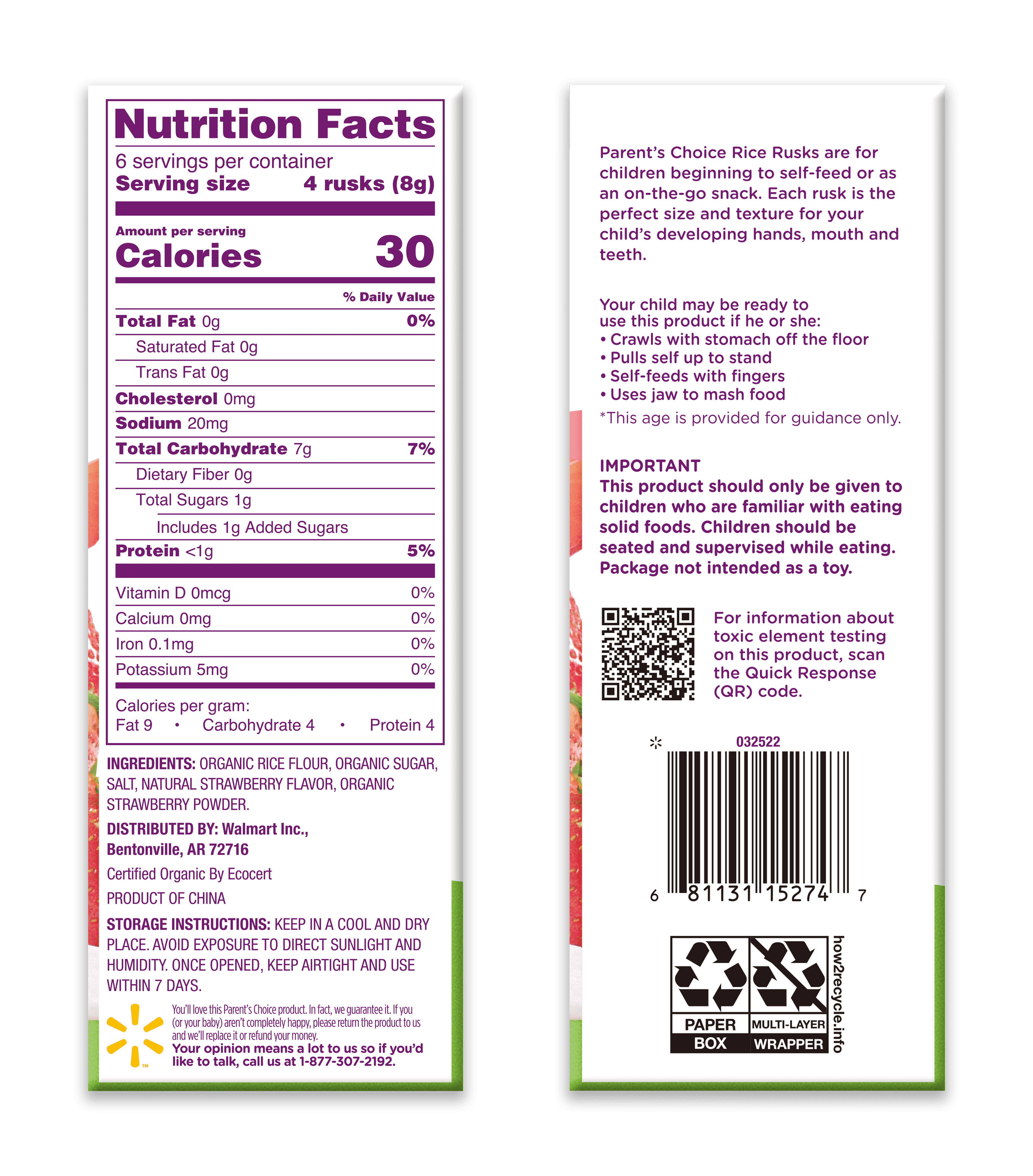 Parent's Choice Organic Strawberry Rice Rusks Baby Snacks, 0.15 oz, 12 Pack