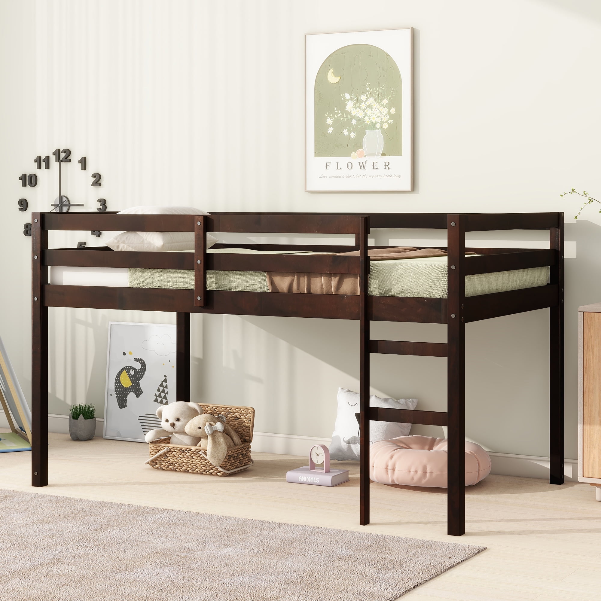 Solid Wooden, Rubber Wooden Twin Loft Bed with Ladder, Bed Platform of Strengthened Slats, Espresso