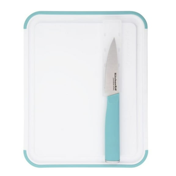 KitchenAid 3.5-Inch Paring Knife and 8x10-Inch Cutting Board Set, High-Carbon Steel, Aqua Handle