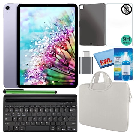 Apple 10.9" iPad Air (2022, 64GB, M1 Chip, Wi-Fi/Cellular, Purple) (MME93LL/A) Bundle with White Zipper Sleeve + Screen Protector + TPU Case + Keyboard + LCD Cleaner